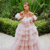 Tineit Customized Pink Multi-Layered A-line robes de soirée Mesh Fabric Off the Shoulder Party Dresses Backless Prom Dress 2025-(PRE-ORDER)