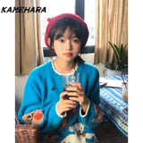 Tineit Sweet Japanese College Style Cartoon Teddy Bear Jacquard Design Pullover Sweaters Autumn Winter Warm Knit Y2k Pullovers