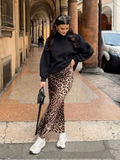 Tineit 2024 Summer Woman Leopard Print Skirt Vintage High Waist Loose Midi Skirts Chic Elegant Casual Streetwear Women's Skirt