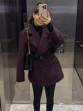 Tineit Elegant Burgundy Blazer Coat Women Notched Single Breasted Belts Long Sleeve Vintage Jacket Female 2025 Spring All-match Outwear