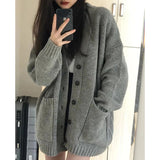 thanksgiving outfit Tineit Gray Cardigan Sweater Women Korean Medium-Length Spring Autumn Loose Lazy Vintage Knit Sweater Casual Buttons Harajuku Jumpers