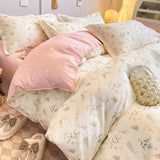 Tineit Korean Bedding Set Flowers PinK Blue Girls Boys Full Queen Size Duvet Cover Flat Sheet Pillowcase No Filler Home Bed Linens