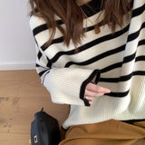 thanksgiving outfit Tineit Korean Striped Sweater Women Loose Side Split Chic O-Neck Knit Pullover Pretty Style Casual Fall Winter Lazy Vintage Jumpers