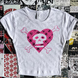 Tineit Y2K clothes skull graphic grunge baby tee Crop Top 2000s Streetwear Harajuku Goth Short Sleeve T-shirt Skeleton print clothes