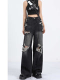 christmas outfit Tineit Women's Y2k Baggy Ripped Jeans Japanese 2000s Style Black Gothic Denim Trousers Harajuku Vintage Jean Pants Emo Trashy Clothes