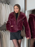 Tineit Burgundy Red Chic Women's Fluffy Faux Fur Short Jacket Women Elegant Lapel Long Sleeve Plush Coat Female Warm Cropped Streetwear