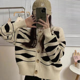 thanksgiving outfit Tineit Zoki Y2K Wave Striped Cardigan Sweater Women Fashion Warm Long Sleeve Knitted Crop Top Female Casual Button O Neck Cardigans