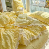 Tineit Ins Style Korean Princess Bedding Set Duvet Cover Wash Cotton Solid Color Summer Soft Bed Sheet Set Comfortable Set Quilt Cover