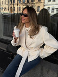 Tineit Twill Elegant Women Blazer Coat With Belts Full Sleeve Notched Button Up Lady Jacket 2025 Pocket Spring Office Female Outwear