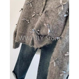 Tineit 2025 Autumn Winter Women Temperament High Soft Mohair Knitted Cardigan Fragrant Coat Casual Tops Korean Grey Bow Sweater