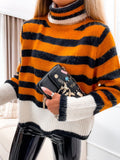 Tineit Striped Knitted Contrast Color Sweater Women Turtleneck Knitted Loose Long Sleeve Pullover Tops Female 2025 Winter Chic Jumper