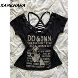 Tineit E-girl Gothic Grunge Top Millennium Y2K Punk Rock Black Letter T-shirt Top Striped Strap American Design Two Piece Set