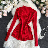 thanksgiving outfit Tineit Pit Stripe Knit Sweater Women Korean Fall Winter Fashion Slim Elegant Solid Half High Collar Long Sleeve Pullover Basic Chic Top