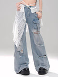 christmas outfit Tineit Women's Light Blue Baggy Ripped Cargo Jeans Harajuku Denim Trousers Y2k Vintage Japanese 2000s Style Jean Pants Trashy Clothes