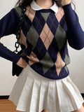 Tineit 2024 Fall Fashion Vintage Argyle Pullover Sweater