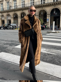 Tineit 2024 Brown Chic Women's Fluffy Faux Fur Long Coat Fashion Thicken Warm Lapel Full Sleeve Overcoat Lady Winter Plush Streetwear