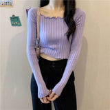 thanksgiving outfit Tineit Autumn Slim Knitted Crop Sweaters Women Fashion Solid Long Sleeve Square Collar Pullovers Korean All Match Chic Casual Sweaters