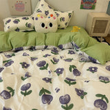 Tineit Korean Style Duvet Cover Set No Filler Fashion Floral Ins Twin Double Queen Size Boys Girls Flat Sheet Pillowcases Bedding Linen