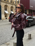 Tineit 2024 Chic Wine Red Women's Lapel Leather Jacket Fashion Belted Long Sleeves Cropped Biker Coat Autumn Female New High Streetwear