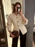 Tineit Women's Elegant Solid Single Breasted Woolen Jacket Fashion V-neck Long Sleeve Slim Fit Thin Coat New Lady Commute Outwear 2025