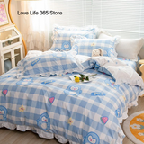 Tineit Cute Bear Printed Bedding Set Ins Solid Color Linen And Duvet Cover With Pillowcases Single Double Full Size For Kids Adults