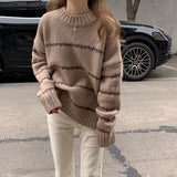 thanksgiving outfit Tineit Knitted Striped Pullover Sweaters Women Casual Loose Warm O-neck Long Sweater Female Autumn Elegant Chic Simple Daily Knitwear