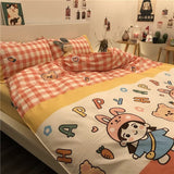 Tineit Ins Pink Cute Duck Cartoon Fruit Printed Bedding Set Soft Queen King Size Flat Bed Sheet Quilt Cover Pillowcase Kawaii