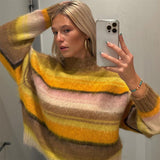 Tineit Mohair Striped Elegant Sweater Women Oversize Long Sleeve Contrast Color O-neck Pullover Female Jumper 2025 Autumn Colorful Tops