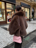 Tineit Chic Brown Big Lapel Collar Fluffy Faux Fur Loose Coat Women Luxury Long Sleeve Warm Furry Jackets Ladies Winter Street Outwear