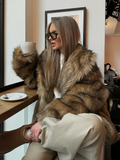 Tineit Luxury Brown Women's Fluffy Faux Fur Warm Short Coat Chic Lapel Collar Long Sleeve Furry Jacket Winter 2024 Lady High Streetwear