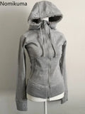 Tineit Grey Lamb Wool Double Zipper Hoodies Women's Clothes Slim Waist Hooded Vintage Y2k Coats Ropa Mujer Casual Fashion Sweatshirts