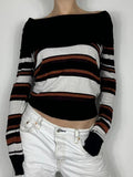 Tineit Off Shoulder Striped Print Sweaters