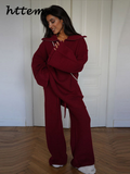 Tineit Vintage Burgundy Sweater Pant Set Women Loose Lapel Zipper Pullover Lace Up Wide Leg Trouser 2024 Autumn Lady Casual Knit Outfit