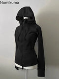 Tineit Grey Lamb Wool Double Zipper Hoodies Women's Clothes Slim Waist Hooded Vintage Y2k Coats Ropa Mujer Casual Fashion Sweatshirts