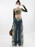 christmas outfit Tineit Women's Wide Cargo Jeans Fashion 90s Aesthetic High Waist Denim Trousers Harajuku Korean Baggy Jeans Pants Grunge 2000s Clothes