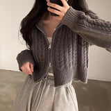 Tineit Casual Zipper Cardigan Women Sweater Twist Turn-down Collar Long Sleeve Knitted Pullover Solid Casual Elegant Fall Winter Coat