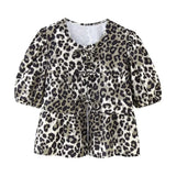 Tineit Leopard Shirt Summer Crop Top Puff Sleeve Blouse With Lace-up Closing New Women's Clothing