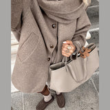 Tineit Fashion Short Woolen Coats With Scarf Women Loose O-neck Single Breasted Side Slit Jacket 2024 Autumn Winter Lady Office Outwear