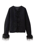 Tineit Feather Patchwork Cotton Coat Women Lace Up Hollow Out Loose Fashion Black Chic Jacket 2025 Autumn Long Sleeve Thick Outwear