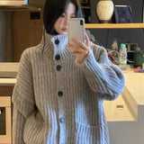 thanksgiving outfit Tineit Loose Lazy Sweater Women Twist Fashion Knit Autumn Winter Warm Cardigan Harajuku Stand Collar Gray Vintage Female Jumpers