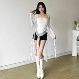 Tineit Spicy Girl Fairy Style Lotus Leaf Edge Square Neck Thin Long Sleeve White T-shirt Women Top Mesh Sexy Irregular Slimming Y2k Top