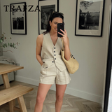 cold weather outfits Tineit 2024 Spring Summer Casual Women Solid Suits Fashion Single Breasted Sleeveless V Neck Vests+Streetwear Chic Shorts