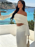 Tineit Sexy Knit Off Shoulder Top Skirt Set Women Pleated Slash Neck Full Sleeve Tops Elastic Long Skirts 2024 Summer Lady Beach Outfit