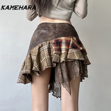 Tineit E-girl Gothic Y2k Irregular Grid Splicing V-shape Waist Plaid Skirt Retro Personalized Lace Short Skirt Female Clothing