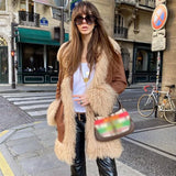 Tineit Women Faux Fur Patchwork Thicken Coat Furry Luxury Lapel Pocket Loose Pocket Jacket Female Long Sleeve 2025 Winter Midi Outwear