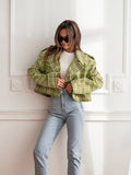 Tineit Plaid Short Woolen Jacket Women Double Breasted Turn-down Collar Casual Chic Long Sleeve Coats 2025 Autumn New Street Outwear