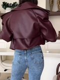 Tineit Fashion Women's Burgundy Crop Leather Jacket Vintage Lapel Pockets Long Sleeve Coat 2024 Autumn Winter Lady Street Loose Outwear