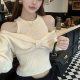 thanksgiving outfit Tineit Sexy Off Shoulder Sweater Women Christmas Elegant Manners Bow Solid Two Piece Knit Jumpers Chic Vest Commuter Office Lady Tops