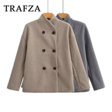 cold weather outfits Tineit 2024 Autumn Winter Women Casual Solid Woolen Coat Fashion Office Lady Loose Double Breasted Turtleneck Demi-season Jacket