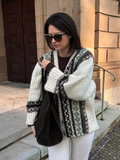 Tineit Women Jacquard Weave Knitted Cardigan Single Breasted V-neck Striped Loose Long Sleeve Sweater 2025 Autumn Chic Warm Coats Top